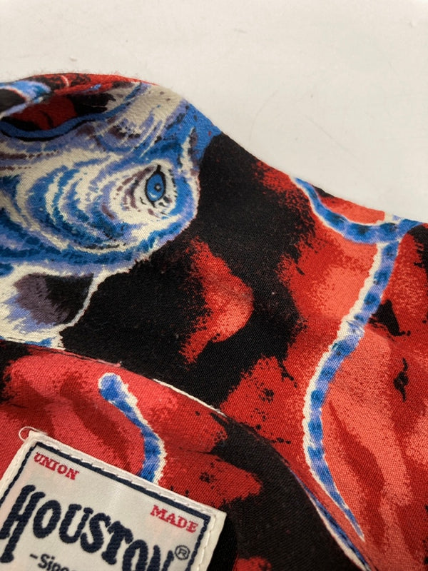 ヒューストン HOUSTON ALOHA SHIRT アロハ シャツ ウッドボタン オープンカラー ハワイアン タイガー 百虎 虎 開襟 半袖 青 ブルー 41022 半袖シャツ 総柄 マルチカラー Lサイズ 104MT-2331