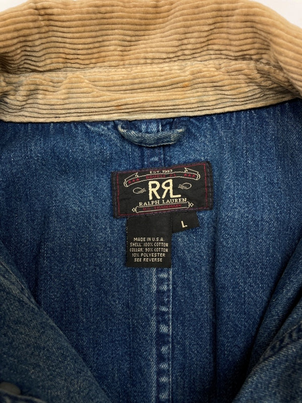 ダブルアールエル RRL 90s DENIM HUNTING JACKET デニム ハンティング ジャケット ボタン 三ツ星タグ Ralph Lauren 青 ジャケット 無地 ブルー Lサイズ 104MT-2295