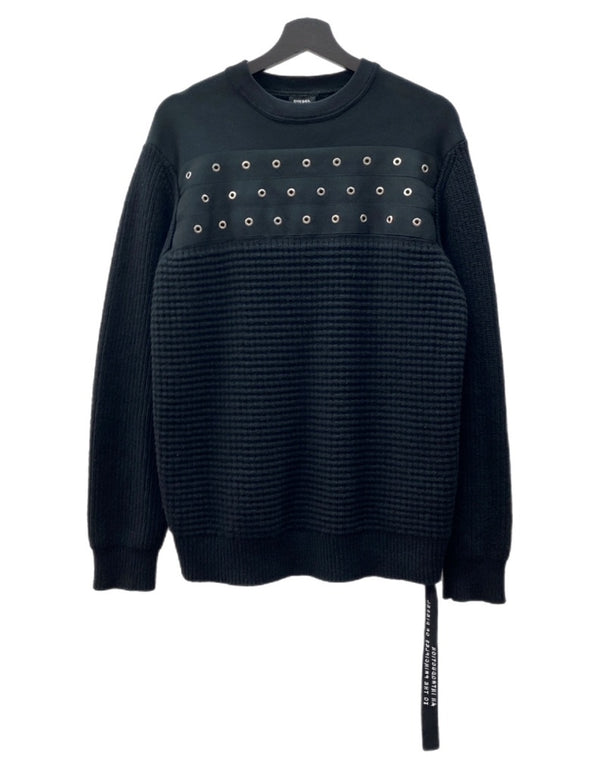 ディーゼル DIESEL K-RUSHIS SWEATER スウェット切替 セーター ニット ハトメ 長袖 黒 セーター 無地 ブラック Mサイズ 104MT-1603