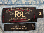 ダブルアールエル RRL 90s 三ツ星タグ DENIM SHIRT デニム ウエスタン メタルスナップボタン ヴィンテージ VINTAGE ラルフローレン RALPH LAUREN マレーシア製 ライトブルー 水色 長袖シャツ 無地 ブルー Mサイズ 104MT-1956