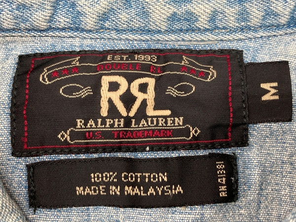 ダブルアールエル RRL 90s 三ツ星タグ DENIM SHIRT デニム ウエスタン メタルスナップボタン ヴィンテージ VINTAGE ラルフローレン RALPH LAUREN マレーシア製 ライトブルー 水色 長袖シャツ 無地 ブルー Mサイズ 104MT-1956