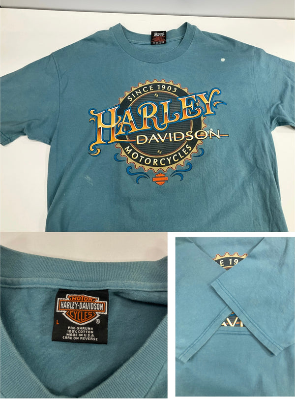 ハーレーダビッドソン Harley-Davidson 90’s  90年代 バーアンドシールドロゴ モーターサイクル  両面プリント MADE IN USA アメリカ製 VINTAGE ヴィンテージ  Tシャツ グリーン Lサイズ 101MT-4590
