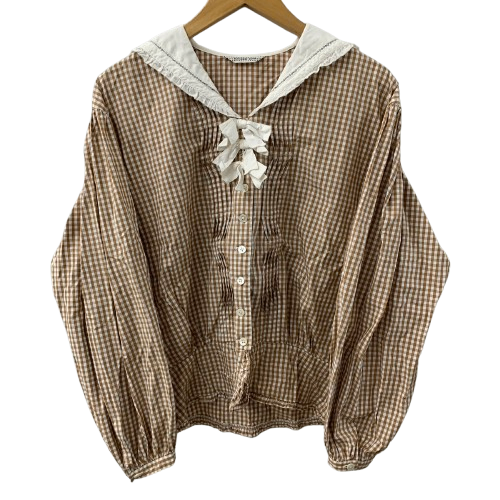 カネコイサオ kaneko isao ワンダフルワールド セーラーカラー シャツ リボン ギンガムチェック柄 長袖シャツ ブラウン 201LT-433