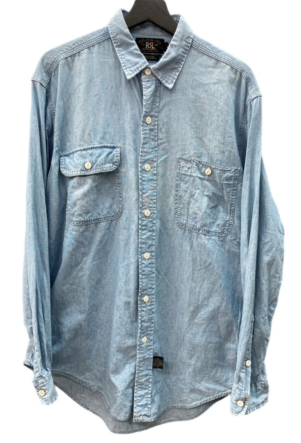 ダブルアールエル RRL 90s 三ツ星タグ SHIRT ステンカラー 猫目ボタン 胸ポケット ヴィンテージ VINTAGE ラルフローレン RALPH LAUREN コットン モーリシャス製 ライトブルー 青 無地 ブルー Mサイズ 104MT-2024