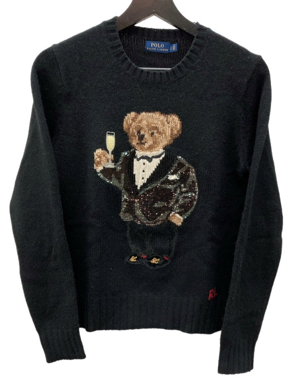 ラルフローレン RalphLauren ポロ POLO 現行タグ Polo Bear ポロベア タキシード Knit ニット ウール カシミヤ混 キャメル混 スパンコール 刺繍 BLACK 黒 211763874001 セーター ロゴ ブラック Sサイズ 104LT-197