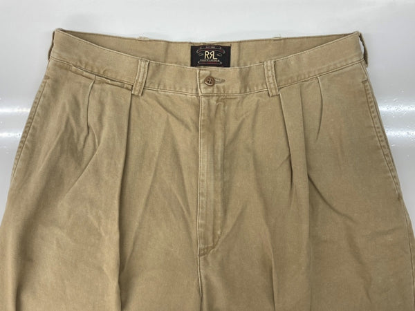ダブルアールエル RRL 90s TACK CHINO PANTS タック チノ パンツ ジップフライ ワーク トラウザーズ 三ツ星タグ USA製 Ralph Lauren 薄茶 無地 チノパン ベージュ 34×30 104MB-344