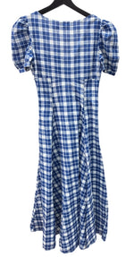 ラルフローレン RalphLauren ポロ POLO 現行タグ プラッド コットン Vネック ドレス Aライン アンクル丈 パフドスリーブ インド製 BLUE 青 211845958001 ワンピース ギンガムチェック ブルー SIZE0 104LT-194