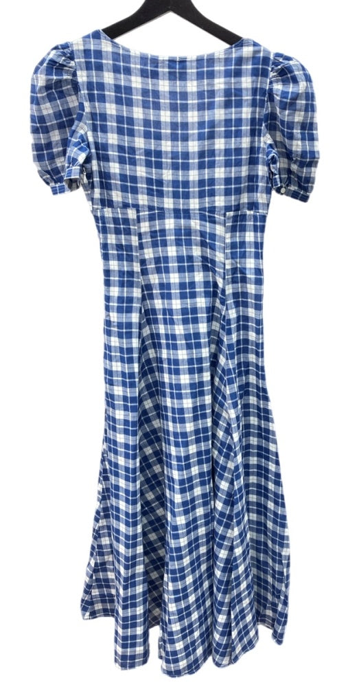 ラルフローレン RalphLauren ポロ POLO 現行タグ プラッド コットン Vネック ドレス Aライン アンクル丈 パフドスリーブ インド製 BLUE 青 211845958001 ワンピース ギンガムチェック ブルー SIZE0 104LT-194