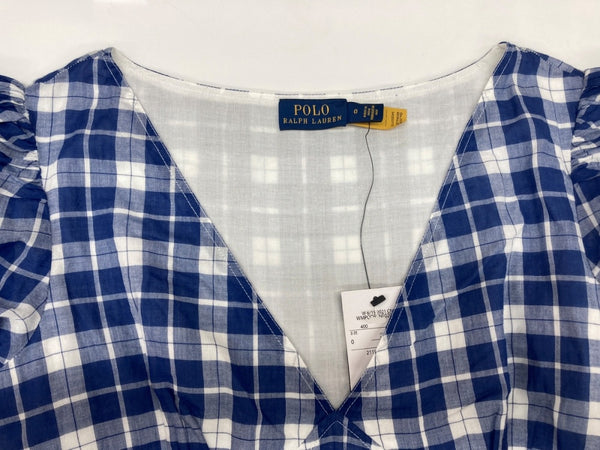 ラルフローレン RalphLauren ポロ POLO 現行タグ プラッド コットン Vネック ドレス Aライン アンクル丈 パフドスリーブ インド製 BLUE 青 211845958001 ワンピース ギンガムチェック ブルー SIZE0 104LT-194
