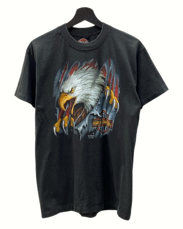 ヴィンテージ vintage 90s Harley Davidson ハーレー ダビッドソン 3D EMBLEM T-SHIRT エンブレム Tシャツ イーグル 前面プリント 黒 Tシャツ ロゴ ブラック Lサイズ 104MT-1210