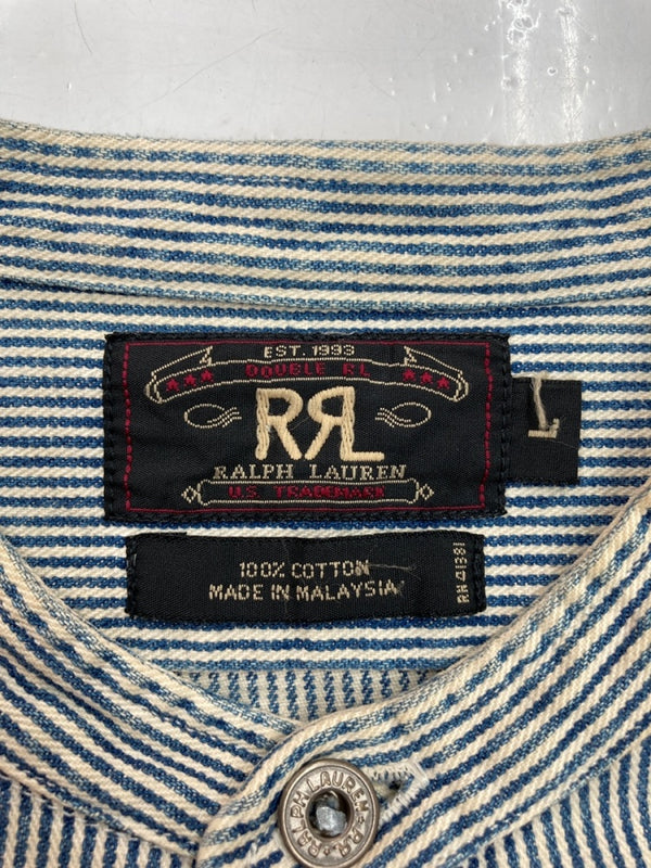 ダブルアールエル RRL 90s BAND COLLAR SHIRT JACKET バンド カラー シャツ ジャケット ワーク 三ツ星タグ Ralph Lauren 青 ジャケット ストライプ ブルー Lサイズ 104MT-1502