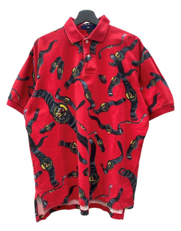 ラルフローレン RalphLauren POLO SPORT 90s CLOCK POLO SHIRT クロック ポロ シャツ USA製 腕時計 半袖 赤 半袖ポロシャツ 総柄 レッド Lサイズ 104MT-2350