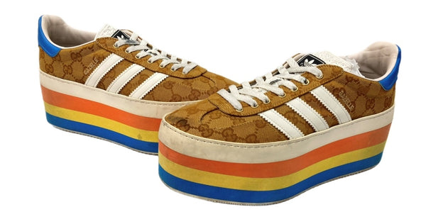 アディダス adidas × グッチ GUCCI 22SS ガゼル GAZELLE 707873 UWV20 ローカット 厚底 GG モノグラム GG柄 総柄 ベージュ系 HQ7085 レディース靴 スニーカー マルチカラー 25.5cm 104S-994