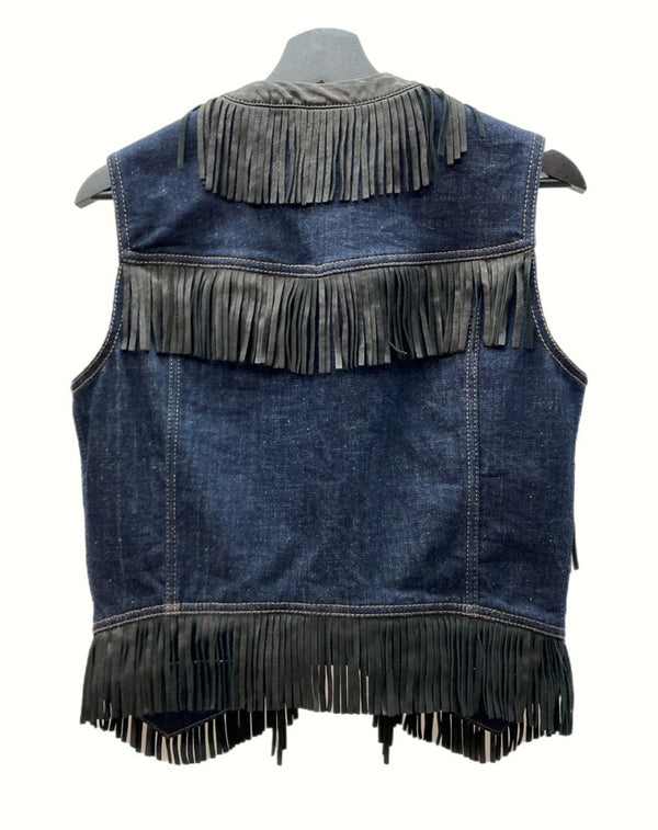 ディースクエアード DSQUARED2 DENIM VEST デニム ベスト FRINGE フリンジ LEATHER レザー INDIGO インディゴ S71FB0386 S30638 SIZE48 ベスト 刺繍 ネイビー 104MT-657