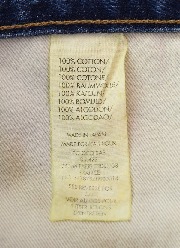 ダブルアールエル RRL ボタンフライ ストレートデニム 日本製 ダメージ加工 青耳 革パッチ デニム ブルー 32/34 103MB-586