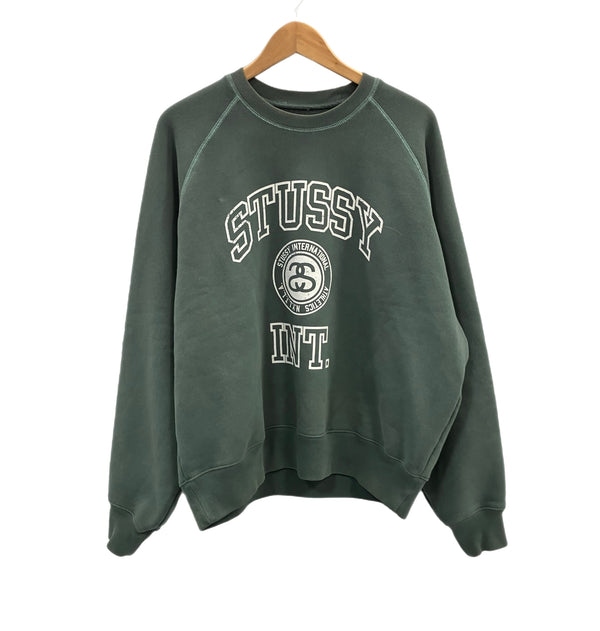 ステューシー STUSSY 24AW Overlock Varsity Raglan Crew オーバーロック バーシティ ラグラン クルー ユーズド加工 カレッジロゴ 118564 スウェット グリーン Lサイズ 101MT-5332