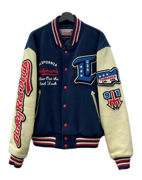 テッドマン TEDMAN STADIUM JACKET スタジアム ジャケット スタジャン バーシティ デビル 袖革 刺繍 アウター 紺 TDJ-15000 サイズ 44 ジャケット 総柄 ネイビー 104MT-1765