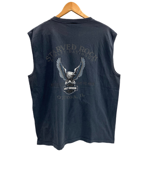 ハーレーダビッドソン Harley-Davidson 00's MORTERCYCLE イーグル モーターサイクル バイク バーアンドシールドロゴ 両面 プリント XL ノースリーブ ブルー LLサイズ 101MT-4537