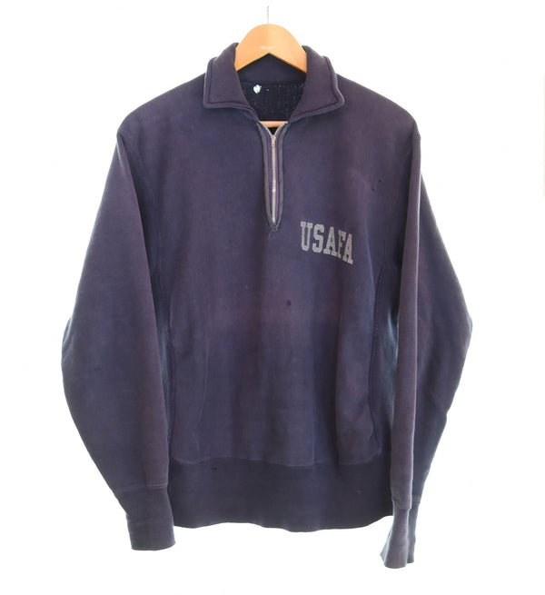 チャンピオン Champion 70年代 70s USAFA 米空軍士官学校 REVERSE WEAVE リバースウィーブ タタキ タグ Military ミリタリー ハーフジップ フェード  ナス紺 スウェット ネイビー 103MT-3390