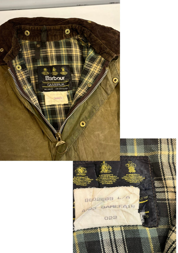 バブアー BARBOUR 90's 90年代 3ワラント GAMEFAIR ゲームフェア ワックス コットン オイルドジャケット ハーフコート VINTAGE ヴィンテージ A123 C36 ジャケット カーキ 101MT-5345