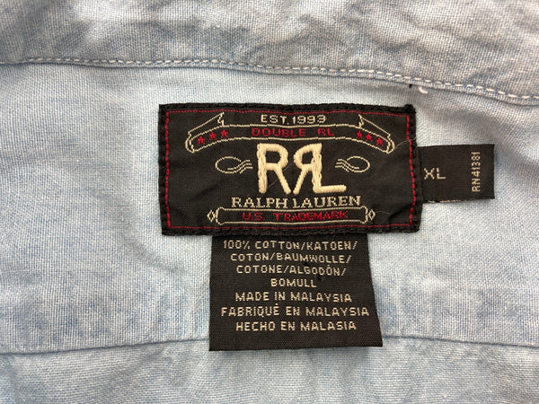 ダブルアールエル RRL 90s 三ツ星タグ ガチャポケ シャンブレー  猫目ボタン ワークシャツ 水色 長袖シャツ 無地 ブルー XLサイズ 104MT-2056