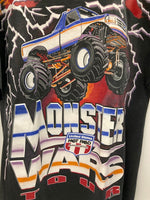 ヴィンテージ vintage 90s HOT ROD MONSTER WARS TOUR モンスター トラック ウォーズ モータースポーツ 袖シングル 総柄 US古着 Tシャツ ブラック Lサイズ 101MT-2971