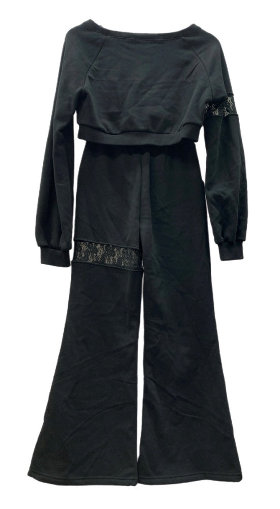 ロゼミューズ Rosé Muse lace garter sweat set レース ガーター スウェット セット クロップド丈 フレアパンツ スウェットパンツ ロゴ 刺繍 BLACK 黒 RM224CS1201 セットアップ ワンポイント ブラック 104LT-232