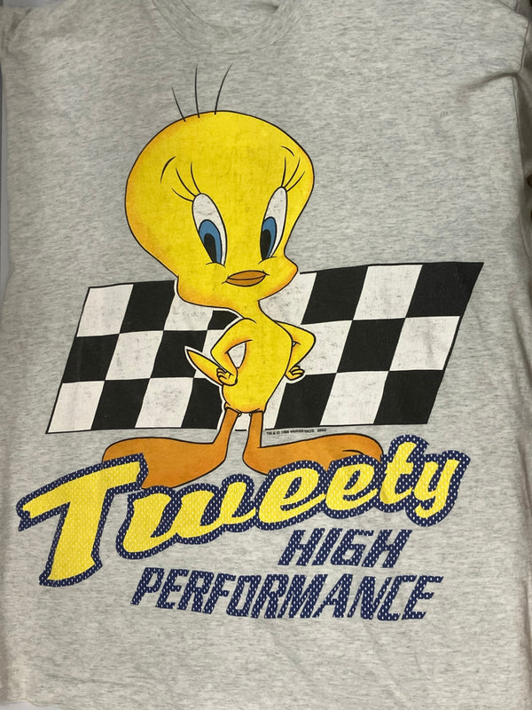 US US古着 90s 90's LOONEY TUNES Tweety HIGH PERFORMANCE ルーニーチューンズ トゥイーティー 袖裾シングルステッチ  - Tシャツ グレー フリーサイズ 101MT-2848