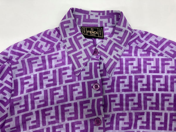フェンディ FENDI ジーンズ JEANS ズッカ柄 ロングスリーブ ブラウス ステンカラー シアー フロントボタン ロゴボタン ウエストライン イタリア製 PURPLE 紫 10.54224 長袖シャツ 総柄 パープル 104LT-231