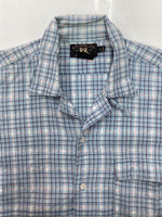 ダブルアールエル RRL 90s OPEN COLLAR SHIRT オープン カラー シャツ アロハ ハワイアン ワーク 半袖 開襟 三ツ星タグ Ralph Lauren 青 半袖シャツ チェック ブルー Mサイズ 104MT-1517