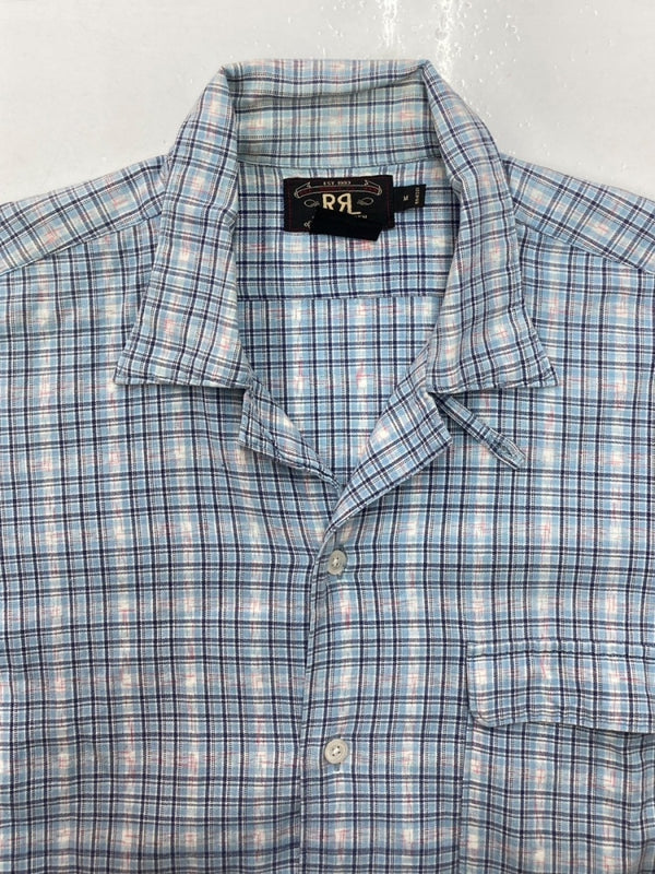 ダブルアールエル RRL 90s OPEN COLLAR SHIRT オープン カラー シャツ アロハ ハワイアン ワーク 半袖 開襟 三ツ星タグ Ralph Lauren 青 半袖シャツ チェック ブルー Mサイズ 104MT-1517