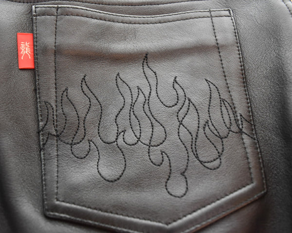 クリームソーダ CREAM SODA ファイヤーステッチ 牛革 レザーパンツ ボトムスその他 ブラック 3 103MB-697