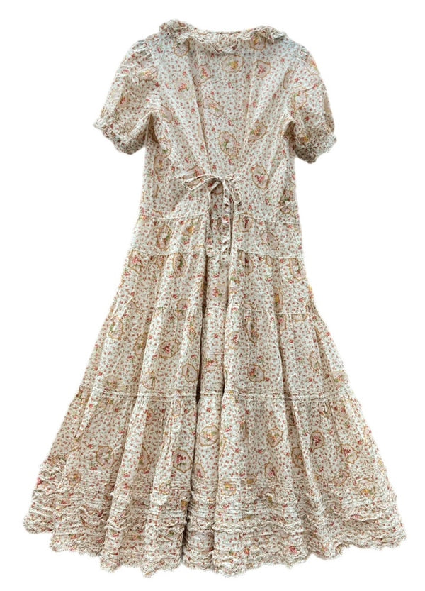 ピンクハウス PINKHOUSE DRESS ドレス 半袖 ロング丈 マキシ丈 ピコフリル ローズブーケ 小花柄 リボン フリル ティアード レトロ アンティーク ロリータ PINK アイボリー IVORY A2151FAY303 ワンピース 総柄 ピンク Lサイズ 104LT-221