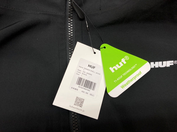 ハフ HUF Rainier Shell Jacket シェル マウンテンパーカー ライトアウター フーディ フロントジップ ロゴ プリント BLACK 黒 SP25 JK00458 ジャケット ワンポイント ブラック Lサイズ 104MT-1834