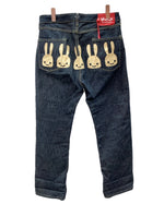 キューン CUNE ウサギ ロゴ ５連 バック プリント デニム ジーンズ ジッパーフライ 紺 ロゴ デニム ネイビー SIZE34 104MB-382