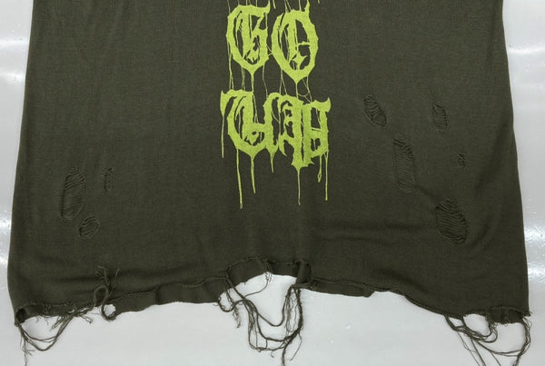 カミヤ KAMIYA PRINTED KNIT TEE プリント ニット Tシャツ ダメージ加工 半袖 セーター 緑 G12TS051 セーター プリント カーキ Mサイズ 104MT-2221