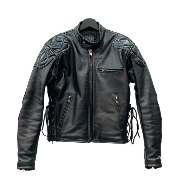 カドヤ KADOYA EVO パデッドライダース シングル ライダースジャケット レザージャケット サイドレース レースアップ 牛革 黒 　 ジャケット 無地 ブラック Lサイズ 104MT-2130