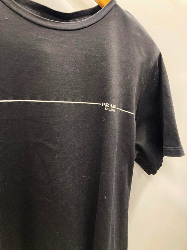 プラダ PRADA 半袖カットソー シンプル 黒 無地 ライン Tシャツ ロゴ ブラック Lサイズ 101MT-2379