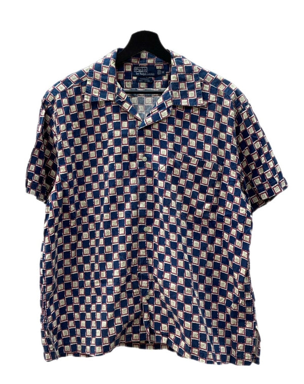 ラルフローレン RalphLauren 90s OPEN COLLAR SHIRT オープン カラー シャツ FORREST アロハ ハワイアン USA製 半袖 開襟 青 半袖シャツ チェック ブルー Mサイズ 104MT-1511