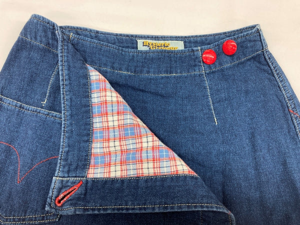 ヒステリックグラマー HYSTERIC GLAMOUR ロング ラップスカート トレンド パッチワーク 星 スター 裏地チェック Y2K 平成 日本製 インディゴ 2AK-1040 スカート チェック ネイビー Fサイズ 104LB-51