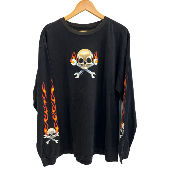 US US古着 00’s   スカルフレイム ドクロ モーターサイクル エンジン イーグル フレイム ファイヤーパターン 袖プリント 両面プリント VINTAGE ヴィンテージ - ロンT ブラック 101MT-4569