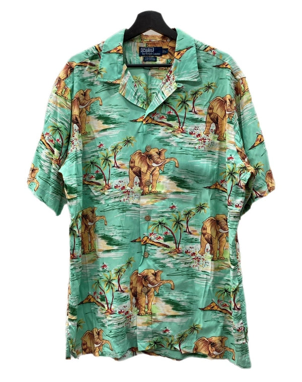 ラルフローレン RalphLauren OPEN COLLAR SHIRT オープン カラー シャツ CALDWELL アロハ ハワイアン 半袖 開襟 緑 半袖シャツ 総柄 グリーン Lサイズ 104MT-1709
