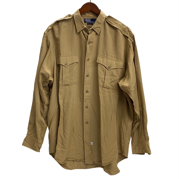 【曜日割引対象外】 ラルフローレン RALPH LAUREN レーヨン サファリシャツ エポレット 無地 長袖シャツ ベージュ Lサイズ 201MT-4363 VB