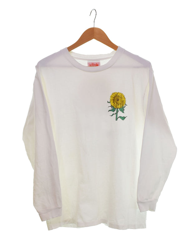 US US古着 90's the Aussie T company ひまわりロングスリーブTシャツ Here Come The Sun 向日葵 Sun flower ロンT ホワイト Sサイズ 103MT-3027