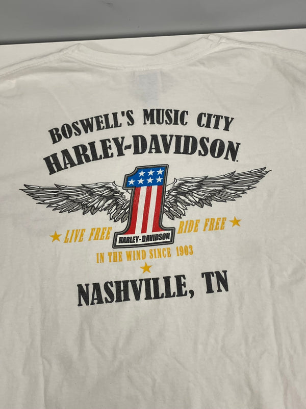 ハーレーダビッドソン Harley-Davidson バーアンドシールドロゴ No.1 RWBロゴ LIVE FREE RIDE FREE 袖プリント 両面プリント XL ロンT ホワイト LLサイズ 101MT-4539