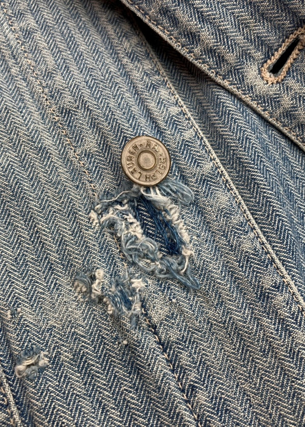 ダブルアールエル RRL 90s COVERALL JACKET カバーオール ジャケット 三ツ星タグ ヘリボーン USA製 Ralph Lauren 青 ジャケット ロゴ ブルー Mサイズ 104MT-1362