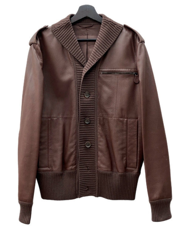 ボッテガヴェネタ BOTTEGA VENETA LEATHER JACKET レザー ジャケット 切り替え ボタン 薄手 アウター 赤茶 サイズ 48 ジャケット 無地 ブラウン 104MT-2107