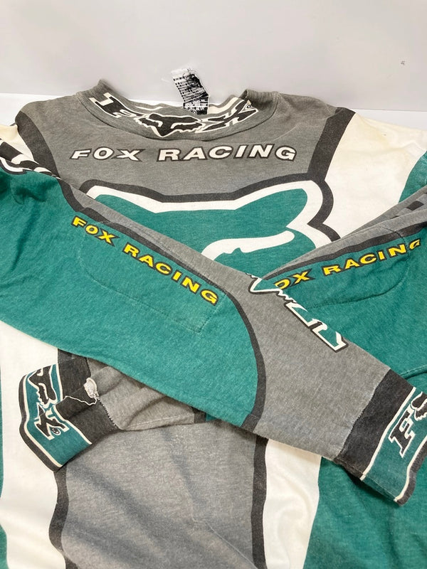 フォックスレーシング FOX RACING レーシングTシャツ ロングスリーブ ヴィンテージ Vintage プリント 総柄 ロンT グリーン Lサイズ 101MT-2748