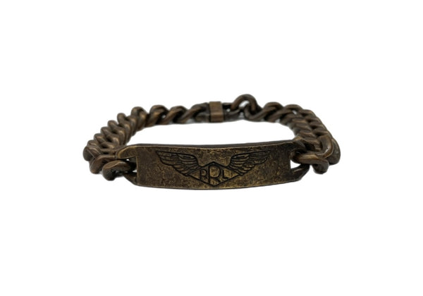 ダブルアールエル RRL ID CHAIN BRACELET チェーンブ レスレット USA製  Ralph Lauren ラルフローレン サイズL 茶 メンズジュエリー・アクセサリー ブレスレット ロゴ ブラウン 104A-60