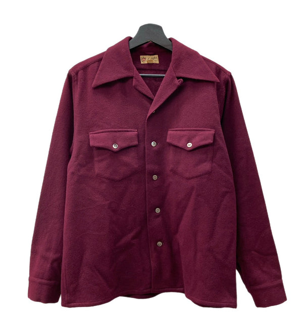ヴィンテージ vintage 40s~ 40年代 Manhattan マンハッタン ウール オープンカラー 開襟 ロングポイント 朱色 サイズ 2 長袖シャツ 無地 ワインレッド 104MT-1312